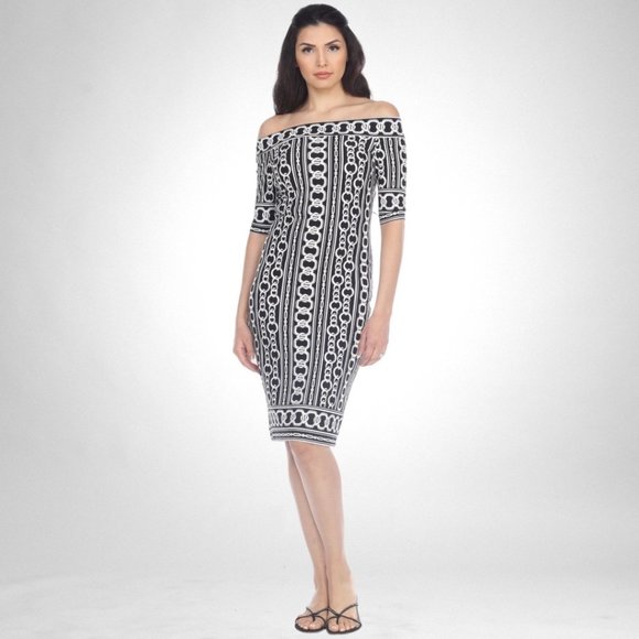 Joseph Ribkoff Dresses & Skirts - NWT Size 10 Joseph Ribkoff Black/Vanilla Chain Print Off-Shoulder Dress 203637
